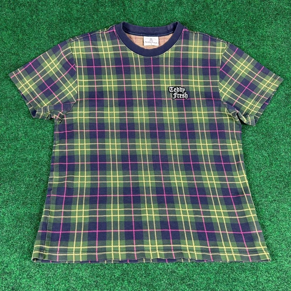 Teddy Fresh T-Shirt Green Purple Plaid Womens Large Short Sleeve Streetwear